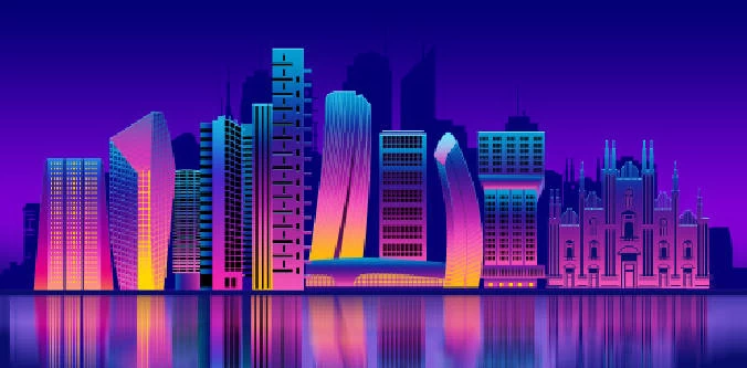 未来科技科幻霓虹灯渐变绚丽城市建筑夜景灯光插画AI/PSD设计素材100套【096】